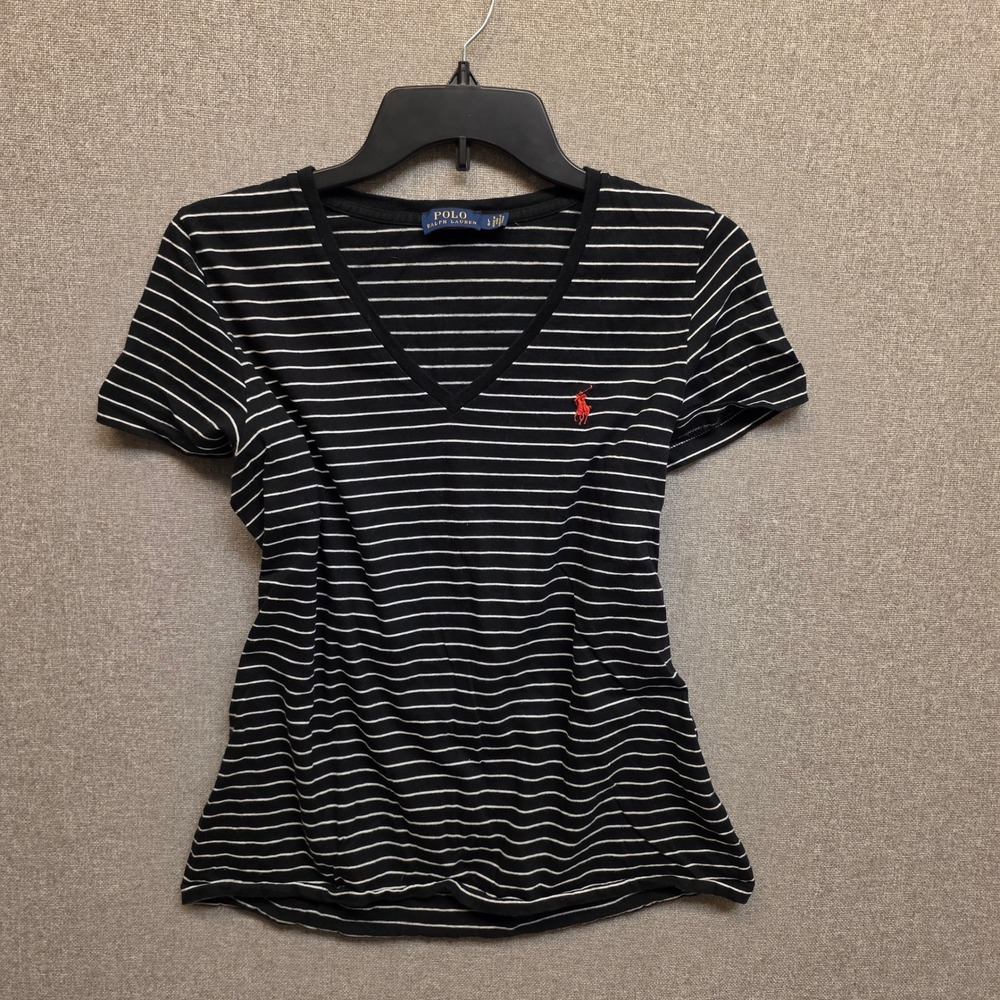 Polo Ralph Lauren Womens L Black White Striped V Neck T-Shirt Cotton Preppy
